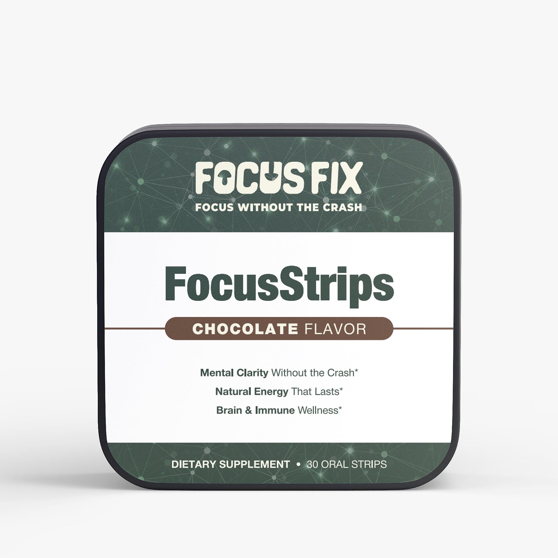 Box of FocusFix FocusStrips mushroom supplement with chocolate flavor on a white background